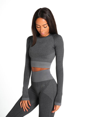 ADAPT Seamless Long Sleeve Crop Top / Black.Charcoal-T-Shirts & Tops-Womens