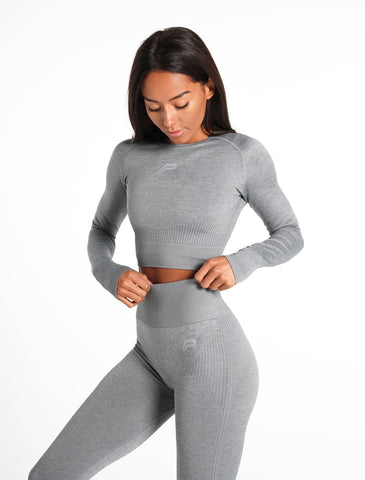 ADAPT Seamless Long Sleeve Crop Top / Subtle Grey-T-Shirts & Tops-Womens