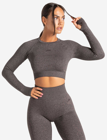 Womens-Core Seamless Long Sleeve Crop Top / Brown Marl