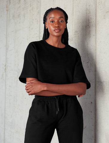 Oversized Fleece Crop T-Shirt / Blackout-T-Shirts & Tops-Womens
