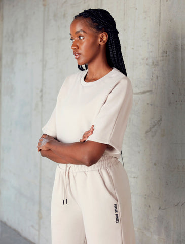 Oversized Fleece Crop T-Shirt / Stone-T-Shirts & Tops-Womens
